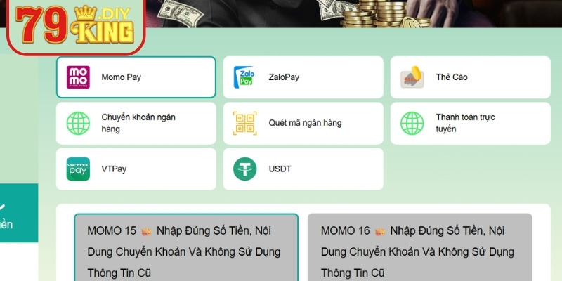 Đa dạng phương thức giao dịch nạp rút tiền 79KING